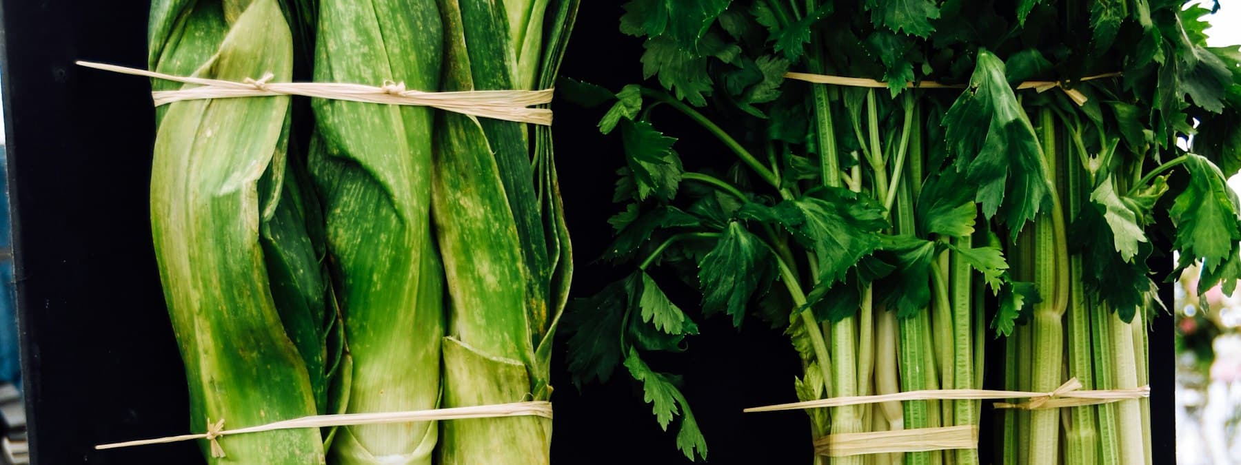 Bunches of leeks and celery tied for delivery.